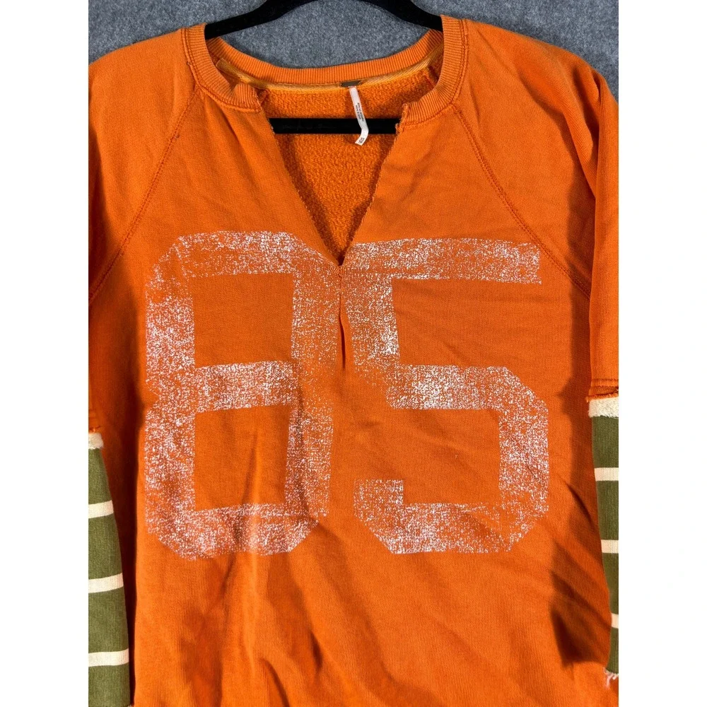 Free People Sweatshirt Womens XS Orange Fleece Lined Graphic Pullover Oversized